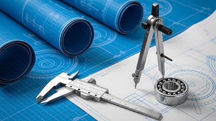 Essential engineering tools including blue blueprints a precision caliper a compass and a metal bearing
