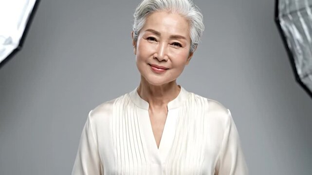 Elegant senior woman with silver hair, smiling softly