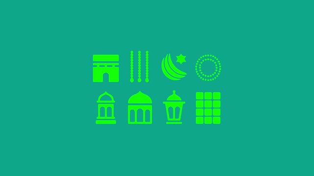 Islamic icons featuring kaaba, mosque domes, lanterns, and crescent moon animated