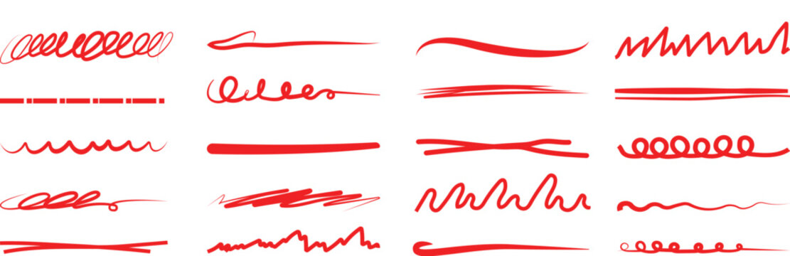 Pen underline line stroke set .Marker red pen highlights squiggle stroke. Vector stock illustration