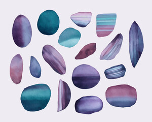 水彩で描いた深い色合いの抽象的な形のイラストセット