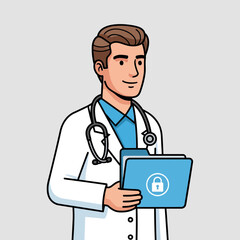 Fototapeta premium Professional male doctor in a lab coat with a stethoscope holding a confidential patient folder.