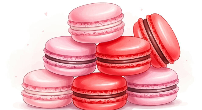 Assorted pink and red macarons stacked together, showcasing various shades and fillings, in a visually appealing dessert display.