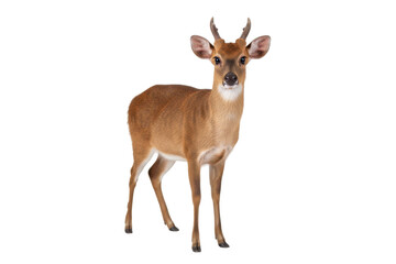 Obraz premium Small Deer with Antlers Standing on White Background
