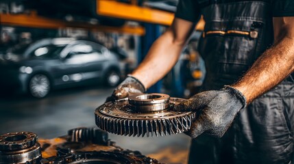 Close up picture of worker hand adjusting machine cog inside industrial workshop garage environment setting detail
