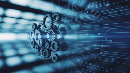 Metallic gears interconnected, symbolizing digital technology advancement and industrial network engineering solutions