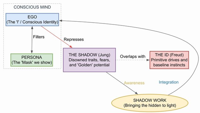 Jungian Shadow Work and Freud Id Psychology Diagram: A Concept of Conscious and Unconscious Mind Integration