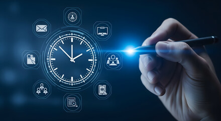 Hand interacting with futuristic clock and icons on dark background