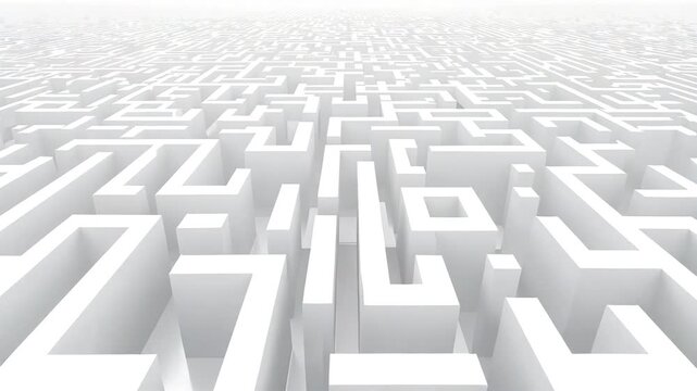 White geometric maze structure viewed from elevated angle with repeating walls under soft diffuse lighting