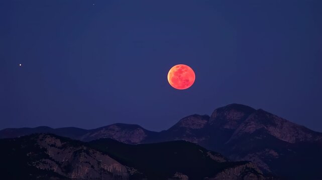 Full Blood Moon Illuminates Mountain Range Under Starry Night Sky