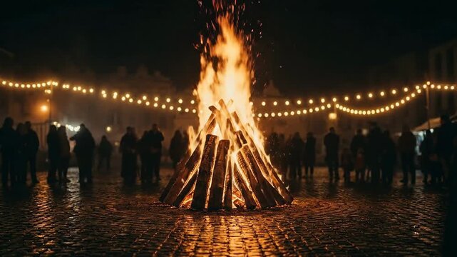 A dramatic night shot of the fiery holika dahan pyre surrounded by a dark, festive crowd celebrating holi.