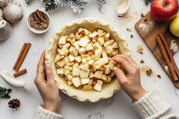 Preparing homemade apple pie: hands arranging sliced apples in pastry shell with winter decorations