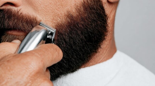 Close-up of man grooming beard with electric trimmer for stylish facial hair maintenance - Powered by Adobe