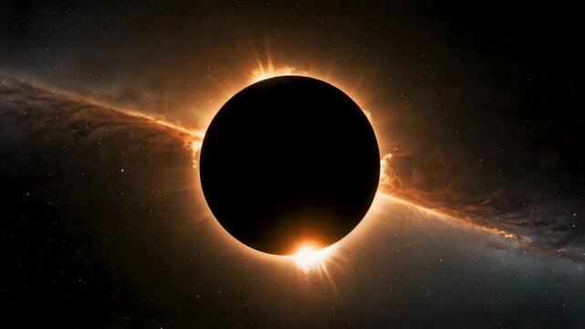 Solar eclipse showing dark circular moon with bright corona and glowing ring against space background