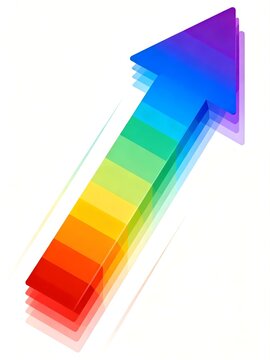 A vibrant rainbow arrow icon rendered in a three-dimensional style, layered with multiple translucent forms that create a dynamic sense of motion and depth. The overlapping colors suggest energy.