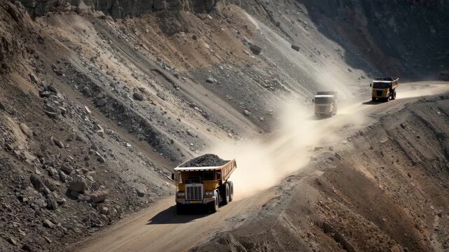 Large dump trucks driving along dusty road inside open pit mining site