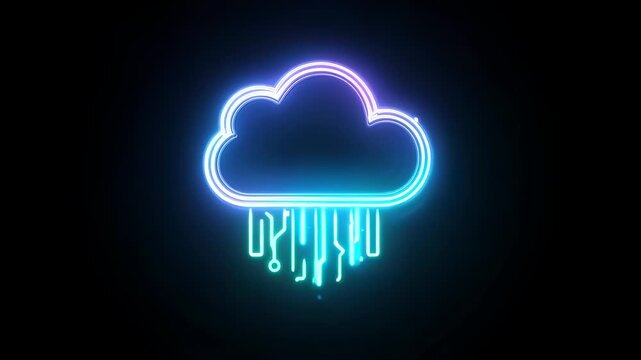 Vibrant neon cloud computing concept with abstract digital data flowing, symbolizing modern technology and network innovation
