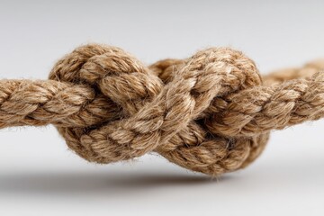 Thick brown natural rope knot on a light background. Strong braided cord with a complex tie. Symbol of strength and connection.