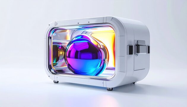 Futuristic white box with a colorful sphere enclosed, lit in vibrant hues