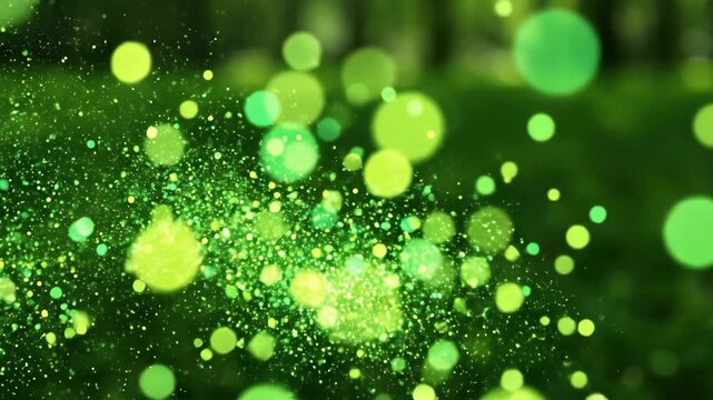 Sparkling Green Particles Floating in Soft Focus Natural Background With Bokeh Effects