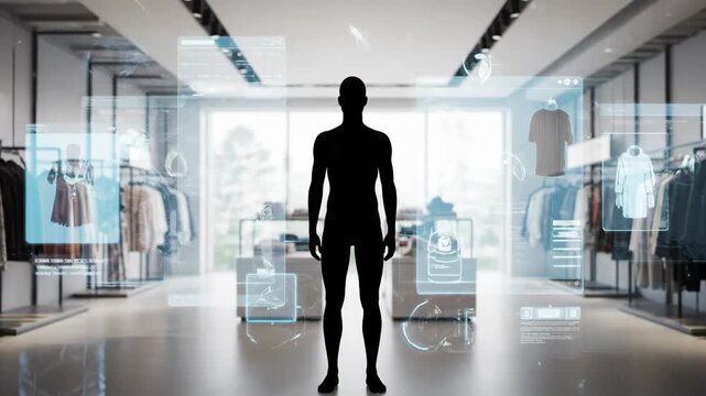 A futuristic retail concept featuring augmented reality overlays for virtual try-on and interactive product displays.