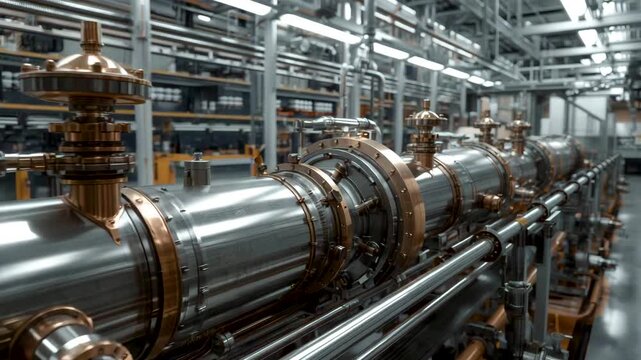 Industrial pipeline system with metal tubes and valves arranged in long row inside factory hall