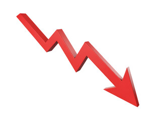 Red downward arrow graph chart isolated on a transparent background