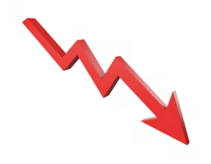 Red downward arrow graph chart isolated on a transparent background