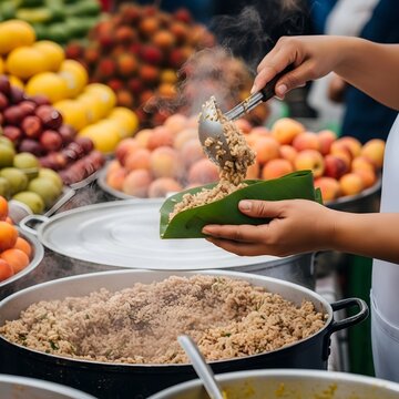Feria del Agricultor Street Food Scene &ndash; Gallo Pinto Scooped into Leaf Wrapper at Farmers&rsquo; Market