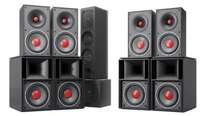 Fototapeta premium Stack of black speakers with red woofers isolated on a transparent background