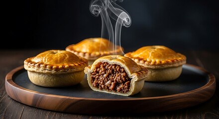 Freshly Baked British Meat Pies with Steaming Hot Mince Filling