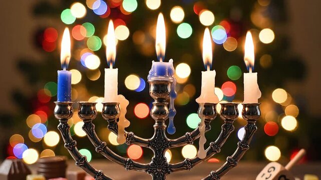 Hanukkah menorah burning with festive lights