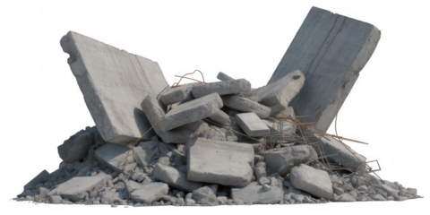 Pile of broken concrete rubble debris isolated on a transparent background