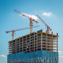 Three towering construction cranes diligently work on a new high rise structure under a sunny sky