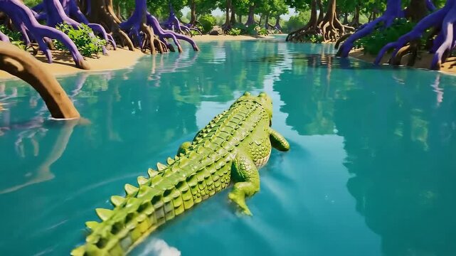 Cartoon alligator swimming through mangrove swamp,fauna,jungle