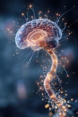 Futuristic glowing digital human brain with spinal cord and neural network connections representing artificial intelligence and neurology