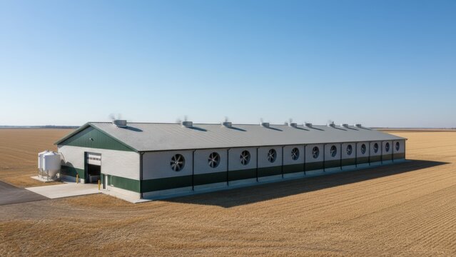 Large Agricultural Building with Ventilation Fans in Rural Farmland Under a Clear Blue Sky