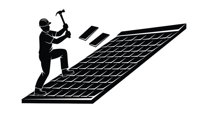 A construction worker diligently installing roofing tiles on a slanted roof depicted as a striking black and white silhouette high quality
