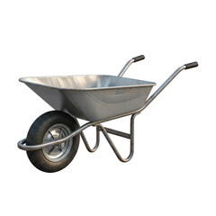 A silver metal wheelbarrow with one black wheel isolated on transparent background for gardening or construction work purposes easily