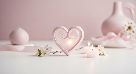 Minimal luxury Valentine&rsquo;s Day scene, soft pink tones, elegant heart decor, clean composition, timeless commercial stock photo style