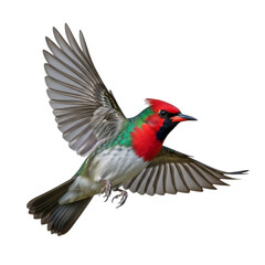 Fototapeta premium Colorful Bird in Flight Keywords: bird, flying, wings spread, red head, green chest, white belly isolated on a transparent background