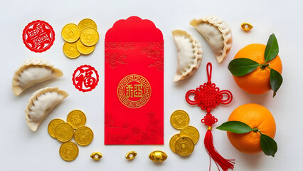 Chinese New Year Red Envelope with Gold Coins and Oranges.