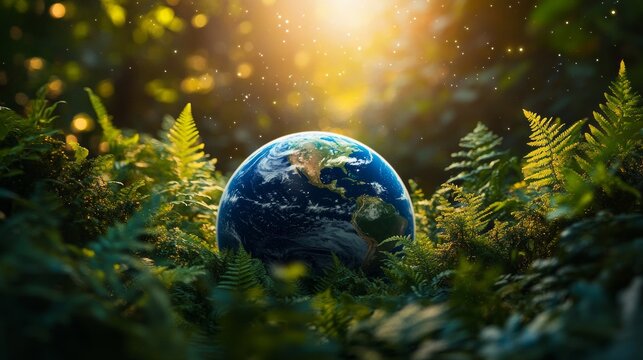 A small Earth globe surrounded by lush green ferns illuminated by warm golden sunlight, environment, sustainability, ecology, climate protection, biodiversity, nature preservation and global harmony. - Powered by Adobe