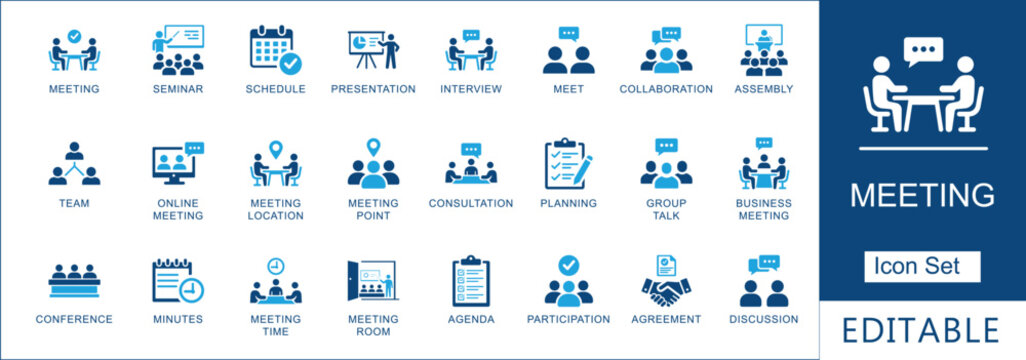  corporate meeting  icon set. Symbols for meeting, seminar, online conference, schedule, teamwork, and office presentation in flat blue style.