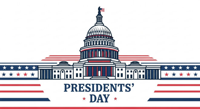 Presidents' day illustration with us capitol building and patriotic design elements