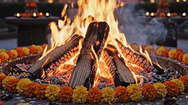 Close-up of a warm, fiery holika dahan bonfire, decorated with marigold flowers for the holi festival.