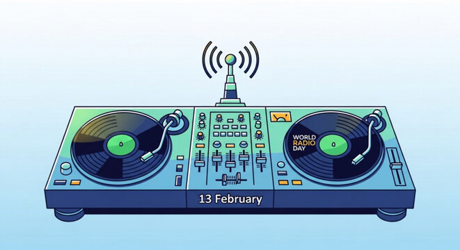 Dj controller with two turntables and mixer broadcasting signal on blue background dated 13 february modern dj equipment