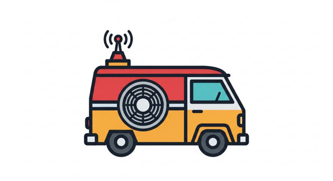 Colorful mobile broadcasting van with satellite antenna and red roof ideal for live event coverage and news reporting services