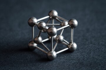 Obraz premium Model of a cube structure showing metal spheres connected by rods on a dark surface during a close-up view