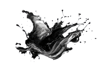 Dynamic water splash abstract shape isolated on transparent background. Dynamic black liquid splash frozen dark fluid isolated on white background.
